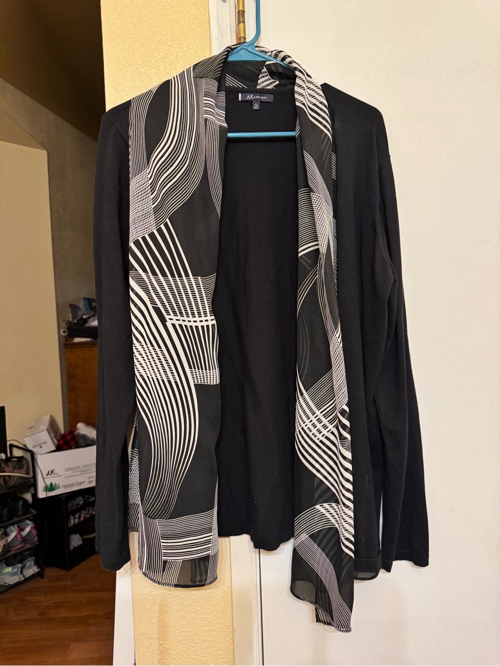 Anne Klein Black Open-Front Cardigan with Black-and-White Graphic Scarf